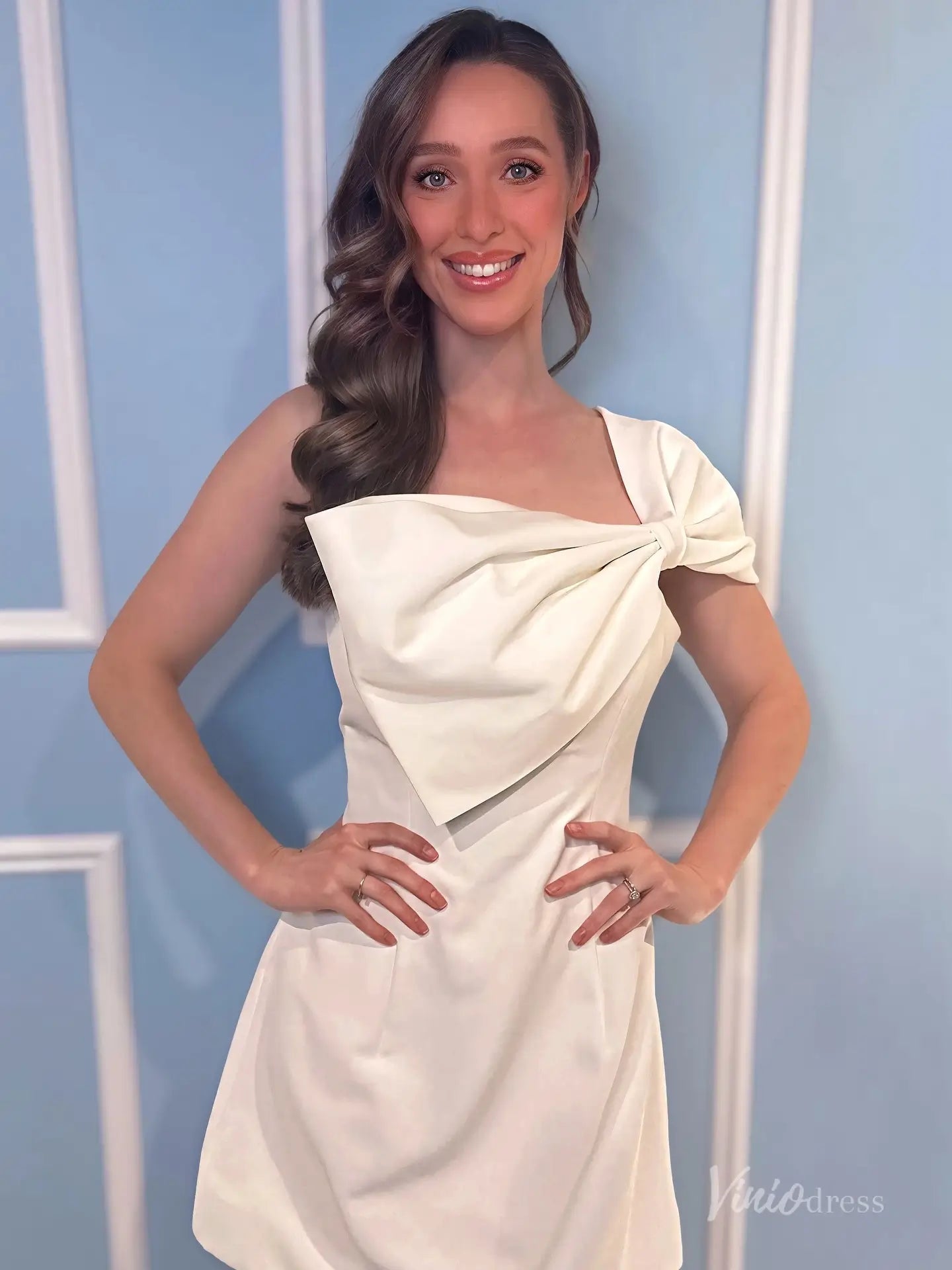 Ivory One-Shoulder Homecoming Dress with Oversized Satin Bow & Fitted Mini Skirt – H1163-Homecoming Dresses 2025 -Viniodress-Ivory-Custom Size-