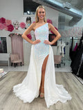 Ivory One Shoulder Sequin Mermaid Prom Dresses with Slit Organza Overskirt FD4032