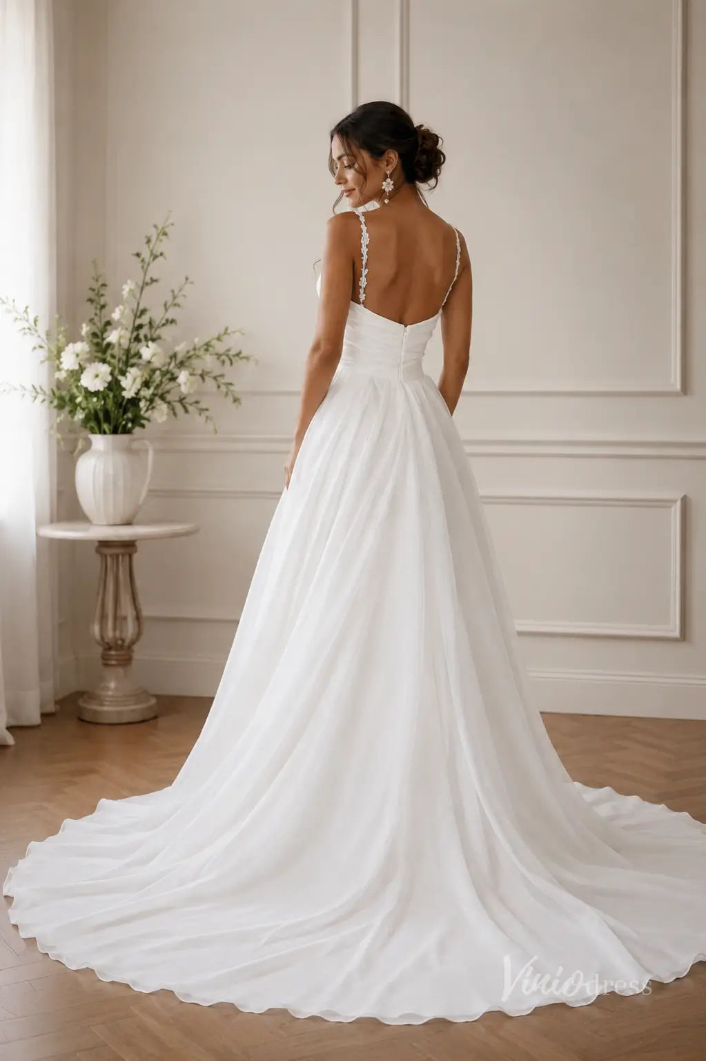 Ivory Organza A-Line Wedding Dress with Floral Appliqué Straps & Ruched Bodice – MS143-wedding dresses 2026-Viniodress-Ivory-Custom Size – Add Measurements in Cart-