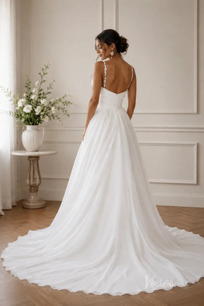 Ivory Organza A-Line Wedding Dress with Floral Appliqué Straps & Ruched Bodice – MS143-wedding dresses 2026-Viniodress-Ivory-Custom Size – Add Measurements in Cart-