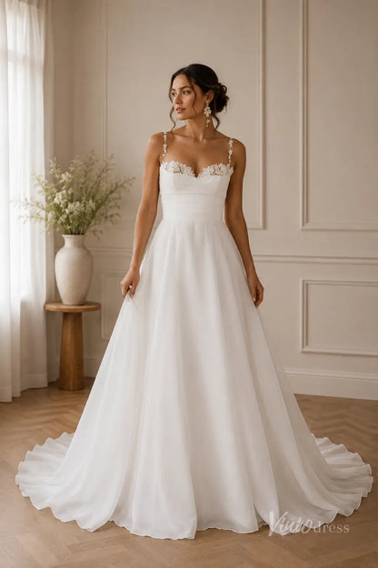 Ivory Organza A-Line Wedding Dress with Floral Appliqué Straps & Ruched Bodice – MS143-wedding dresses 2026-Viniodress-Ivory-Custom Size – Add Measurements in Cart-