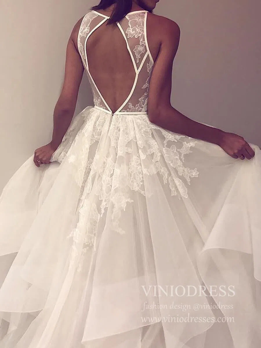 Ivory Organza Wedding Dresses Open Back Lace Bodice Wedding Gown VW1451-wedding dresses-Viniodress-Viniodress