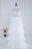 Ivory Pearl Ruffled Prom Dresses Removable Sleeve Strapless Wedding Dress FD3994B