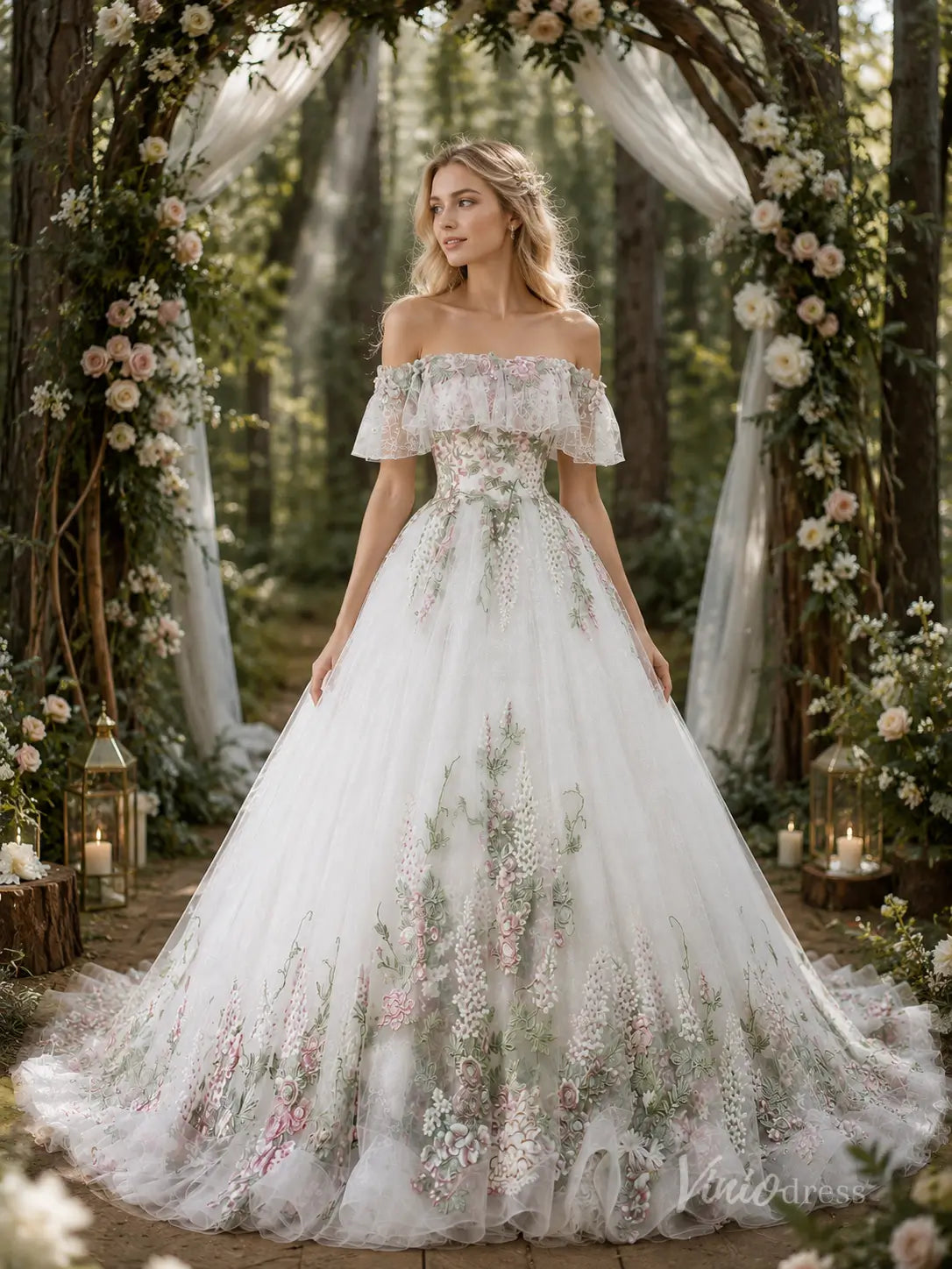 Ivory Petal Embellished Ball Gown Wedding Dress with Off-Shoulder Ruffle Sleeves & Chapel Train - FW290-wedding dresses 2026-Viniodress-Ivory-Custom Size – Add Measurements in Cart-