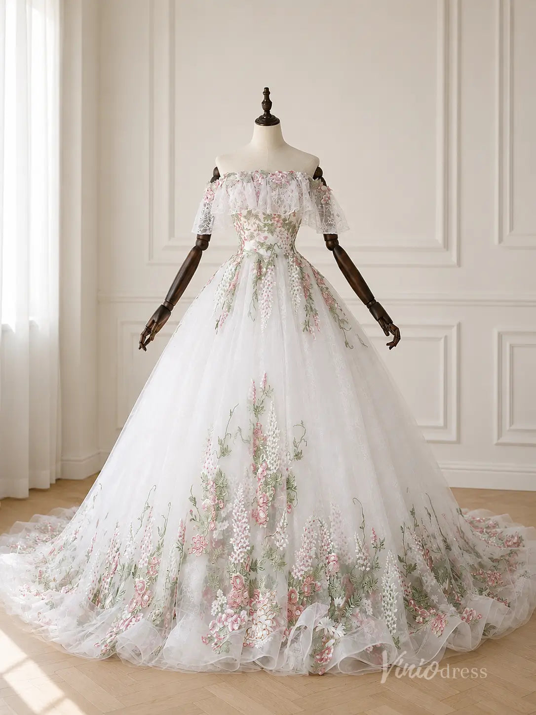 Ivory Petal Embellished Ball Gown Wedding Dress with Off-Shoulder Ruffle Sleeves & Chapel Train - FW290-wedding dresses 2026-Viniodress-Ivory-Custom Size – Add Measurements in Cart-