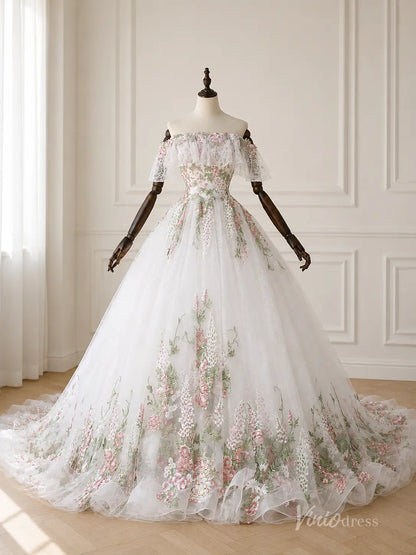 Ivory Petal Embellished Ball Gown Wedding Dress with Off-Shoulder Ruffle Sleeves & Chapel Train - FW290-wedding dresses 2026-Viniodress-Ivory-Custom Size – Add Measurements in Cart-