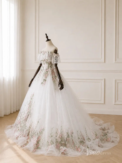 Ivory Petal Embellished Ball Gown Wedding Dress with Off-Shoulder Ruffle Sleeves & Chapel Train - FW290-wedding dresses 2026-Viniodress-Ivory-Custom Size – Add Measurements in Cart-