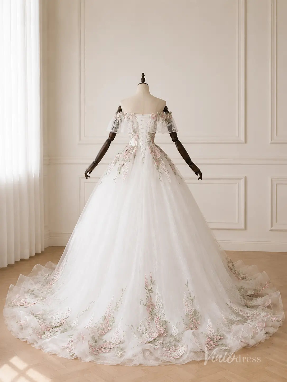 Ivory Petal Embellished Ball Gown Wedding Dress with Off-Shoulder Ruffle Sleeves & Chapel Train - FW290-wedding dresses 2026-Viniodress-Ivory-Custom Size – Add Measurements in Cart-