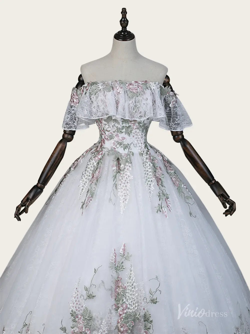 Ivory Petal Embellished Ball Gown Wedding Dress with Off-Shoulder Ruffle Sleeves & Chapel Train - FW290-wedding dresses 2026-Viniodress-Ivory-Custom Size – Add Measurements in Cart-
