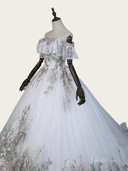 Ivory Petal Embellished Ball Gown Wedding Dress with Off-Shoulder Ruffle Sleeves & Chapel Train - FW290-wedding dresses 2026-Viniodress-Ivory-Custom Size – Add Measurements in Cart-