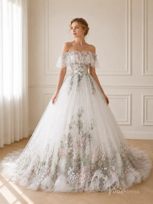 Ivory Petal Embellished Ball Gown Wedding Dress with Off-Shoulder Ruffle Sleeves & Chapel Train - FW290-wedding dresses 2026-Viniodress-Ivory-Custom Size – Add Measurements in Cart-