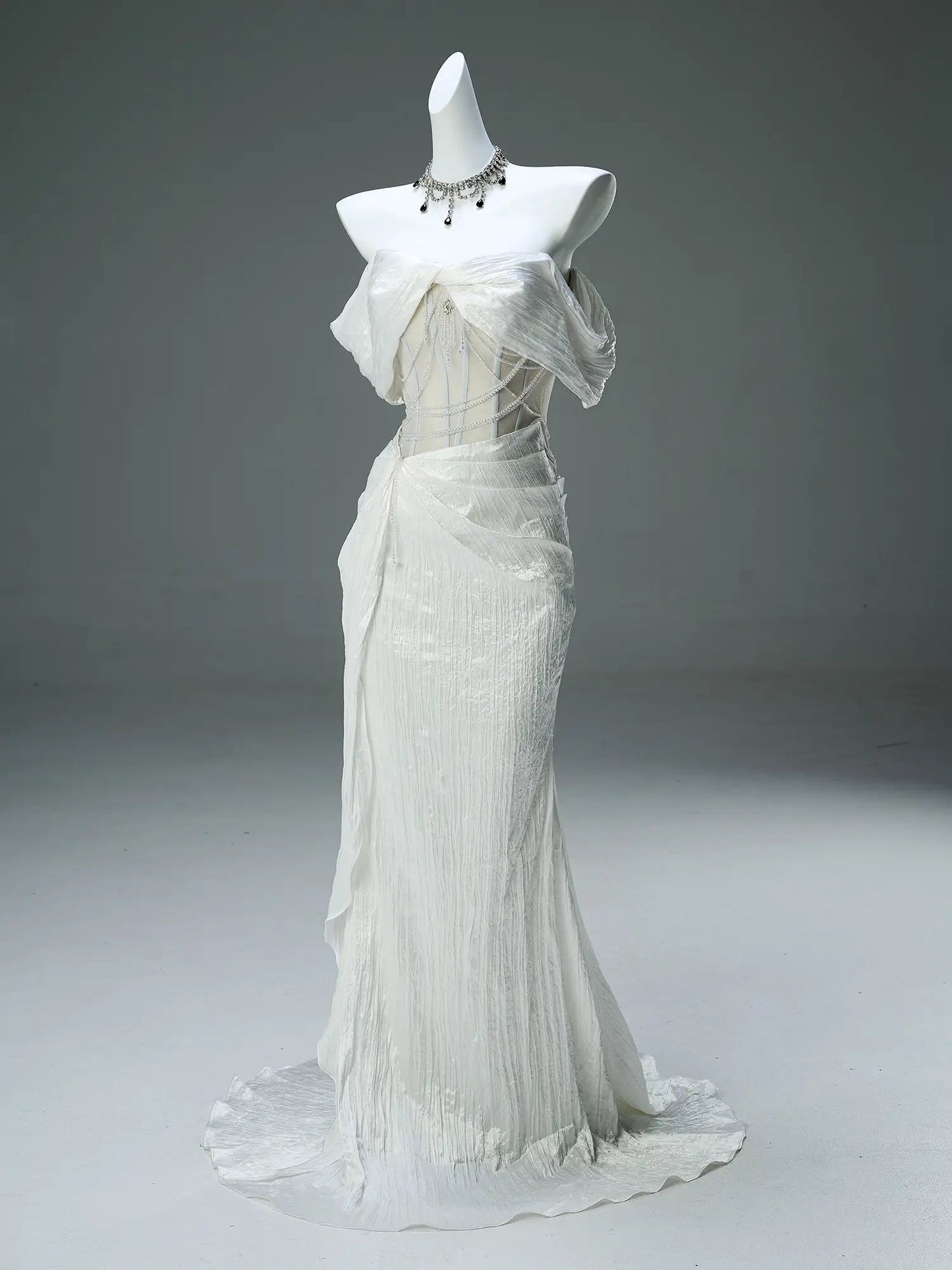 Ivory Pleated Tulle Sheath Prom Dresses with Pearl String & Boned Bodice - CQ0128-Couture Gown 2025 -Viniodress-Ivory-Custom Size-