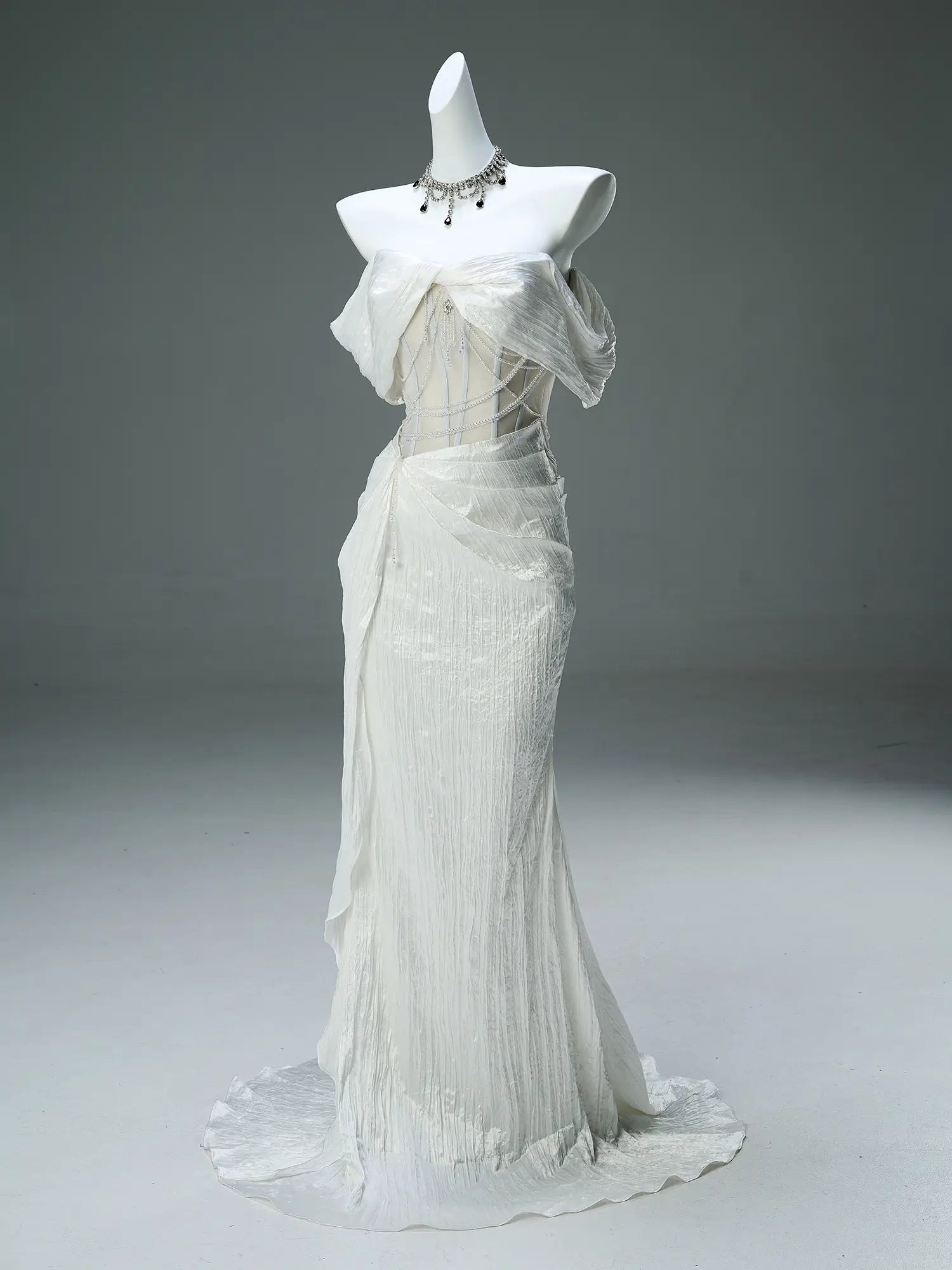 Ivory Pleated Tulle Sheath Prom Dresses with Pearl String & Boned Bodice - CQ0128-Couture Gown 2025 -Viniodress-Ivory-Custom Size-