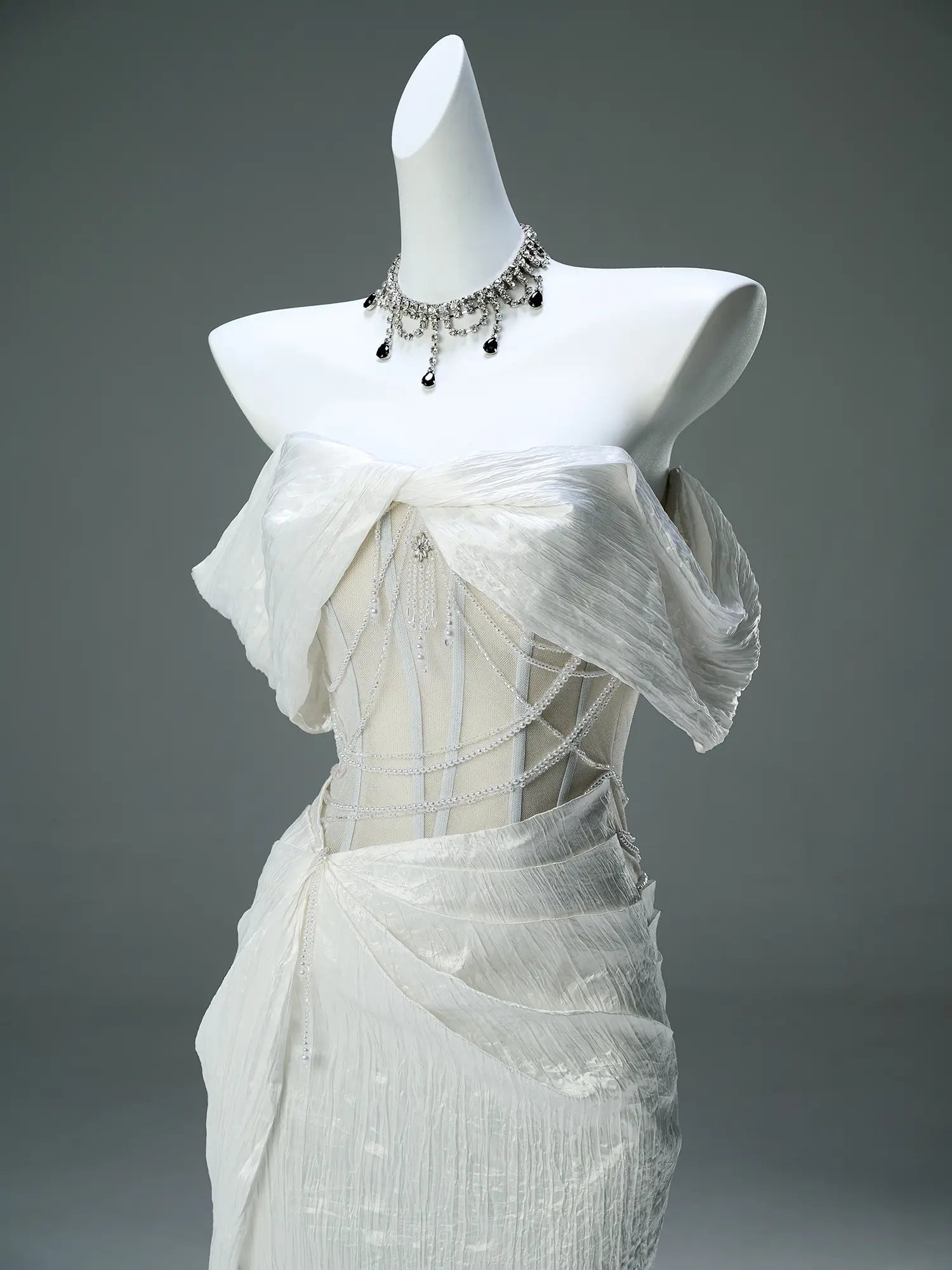 Ivory Pleated Tulle Sheath Prom Dresses with Pearl String & Boned Bodice - CQ0128-Couture Gown 2025 -Viniodress-Ivory-Custom Size-