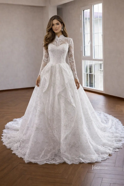 Ivory Regal Ball Gown Wedding Dress with Illusion High Neck, Long Sleeves and Lace Appliqué – 261011-wedding dresses 2026-Viniodress-Ivory-Custom Size – Add Measurements in Cart-