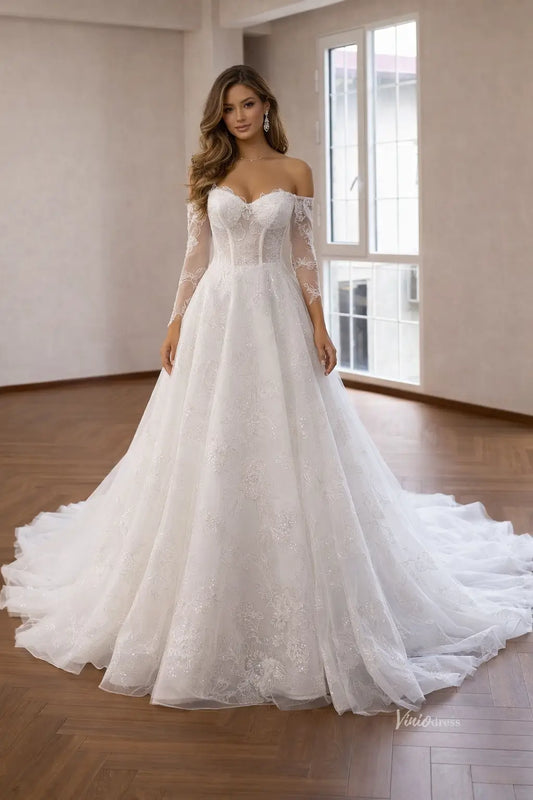 Ivory Romantic Ball Gown Wedding Dress with Sheer Corset, Floral Lace and Off Shoulder Sleeves – 261027-wedding dresses 2026-Viniodress-Ivory-Custom Size – Add Measurements in Cart-