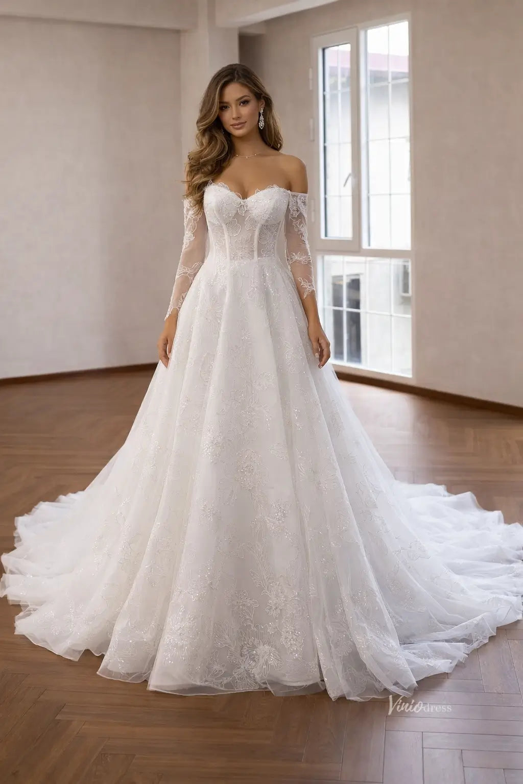 Ivory Romantic Ball Gown Wedding Dress with Sheer Corset, Floral Lace and Off Shoulder Sleeves – 261027-wedding dresses 2026-Viniodress-Ivory-Custom Size – Add Measurements in Cart-