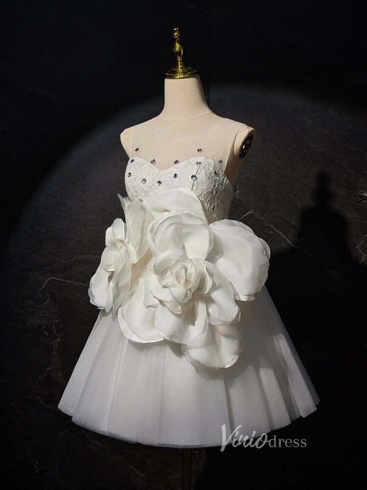 Ivory Rosette Floral Blossom Homecoming Dresses Lace Bodice Boat Neck BJ017-prom dresses 2025 -Viniodress-Ivory-Custom Size-