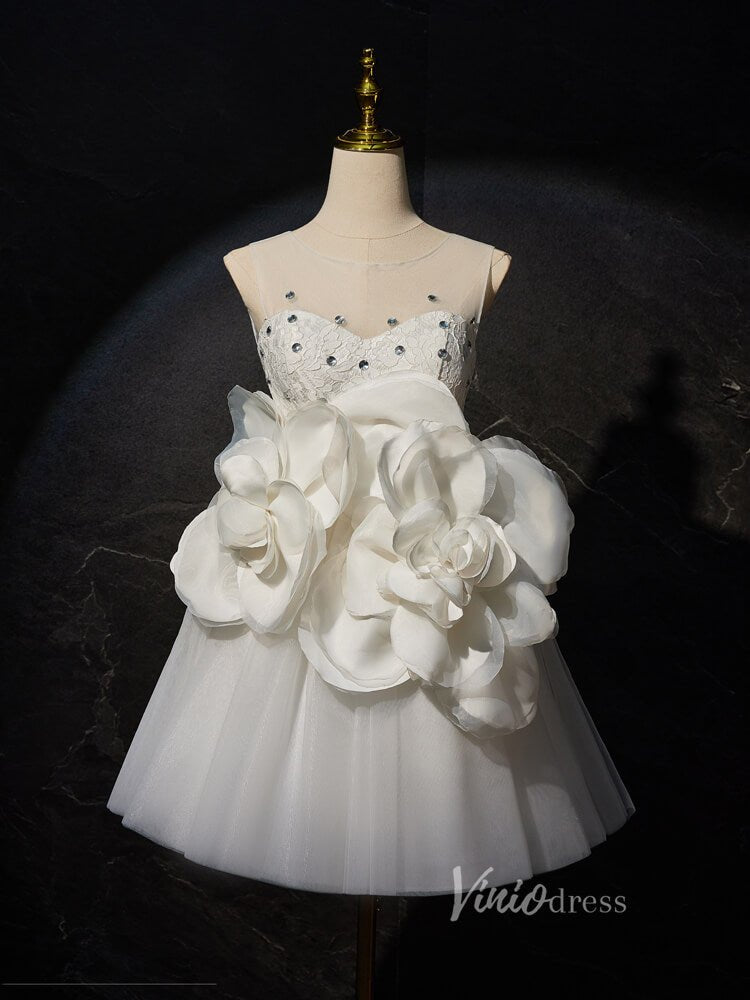 Ivory Rosette Floral Blossom Homecoming Dresses Lace Bodice Boat Neck BJ017-prom dresses 2025 -Viniodress-Ivory-Custom Size-