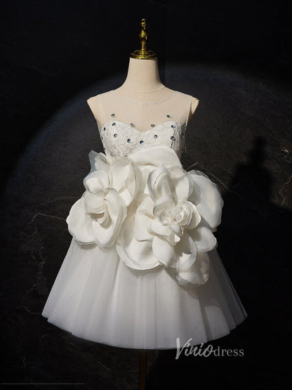 Ivory Rosette Floral Blossom Homecoming Dresses Lace Bodice Boat Neck BJ017-prom dresses 2025 -Viniodress-Ivory-Custom Size-