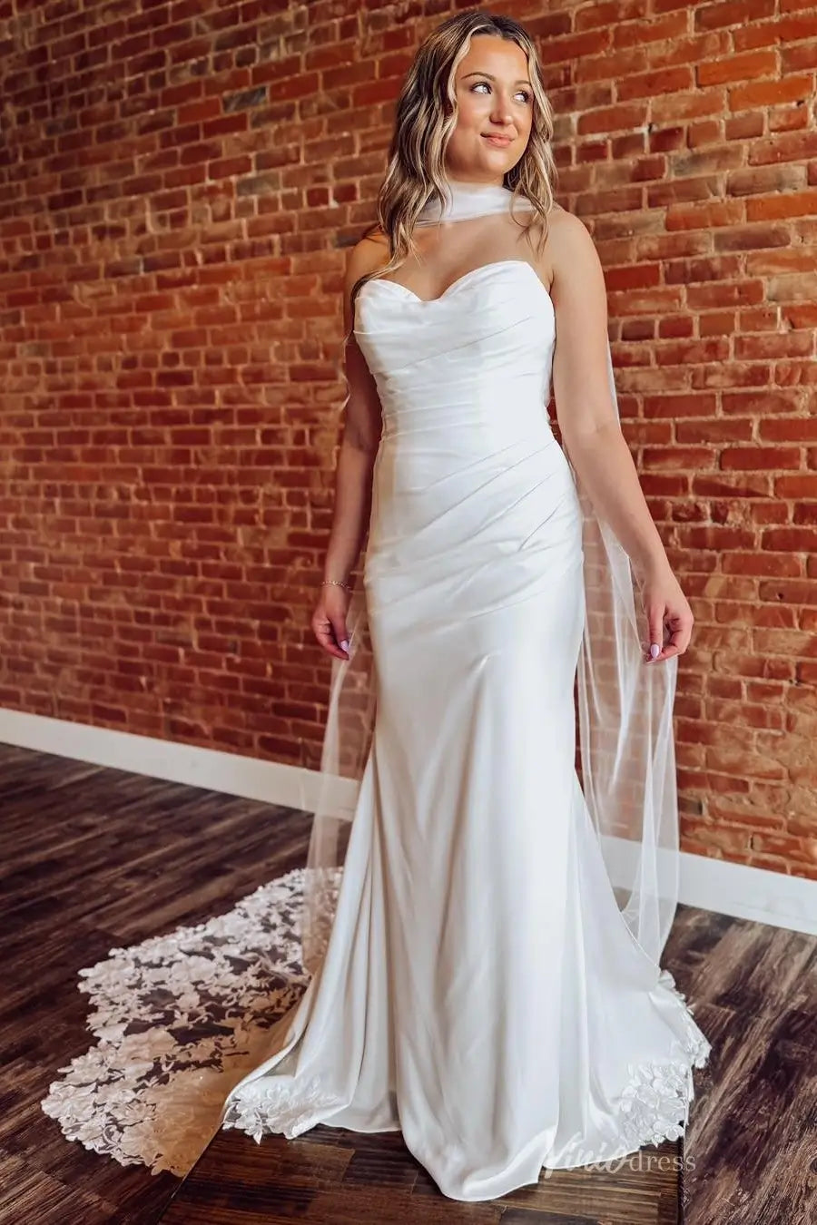 Ivory Ruched Satin Mermaid Wedding Dress with Sweetheart Neckline, Low Back & Lace Cathedral Train – SL014