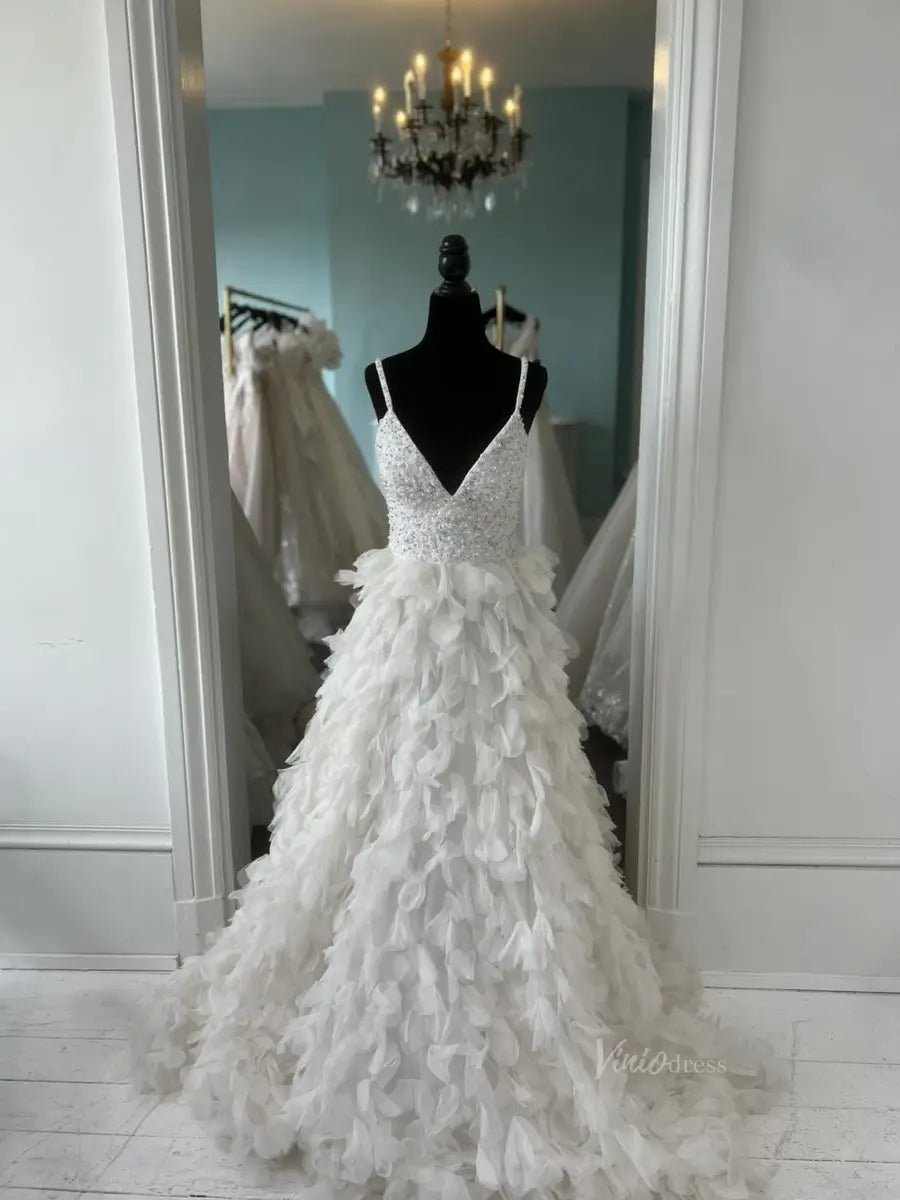 Ivory Ruffle Prom Dresses Spaghetti Strap V-Neck Tiered Wedding Dresses FD3978-prom dresses 2025 -Viniodress-Ivory-Custom Size-