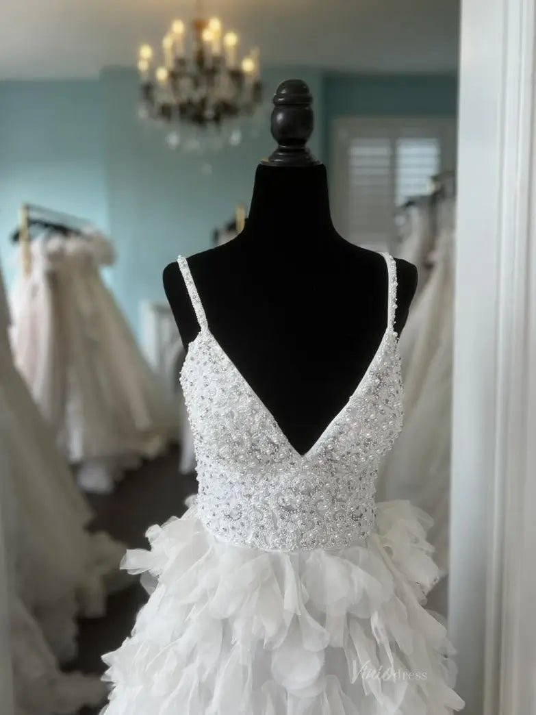 Ivory Ruffle Prom Dresses Spaghetti Strap V-Neck Tiered Wedding Dresses FD3978-prom dresses 2025 -Viniodress-Ivory-Custom Size-