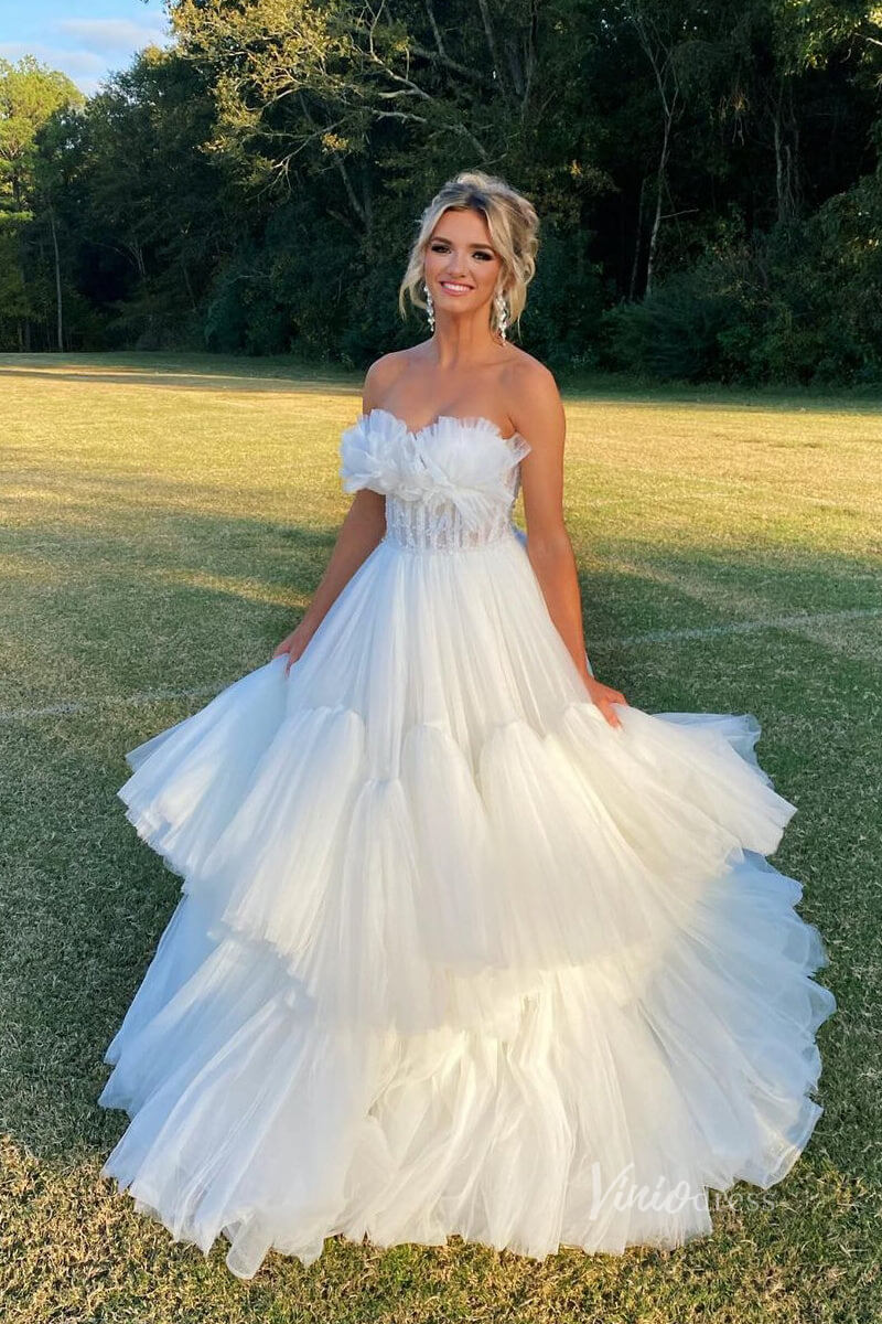 Ivory Ruffle Tiered Tulle Prom Dresses Strapless Sheer Boned Bodice FD3977-prom dresses-Viniodress-Ivory-Custom Size-Viniodress