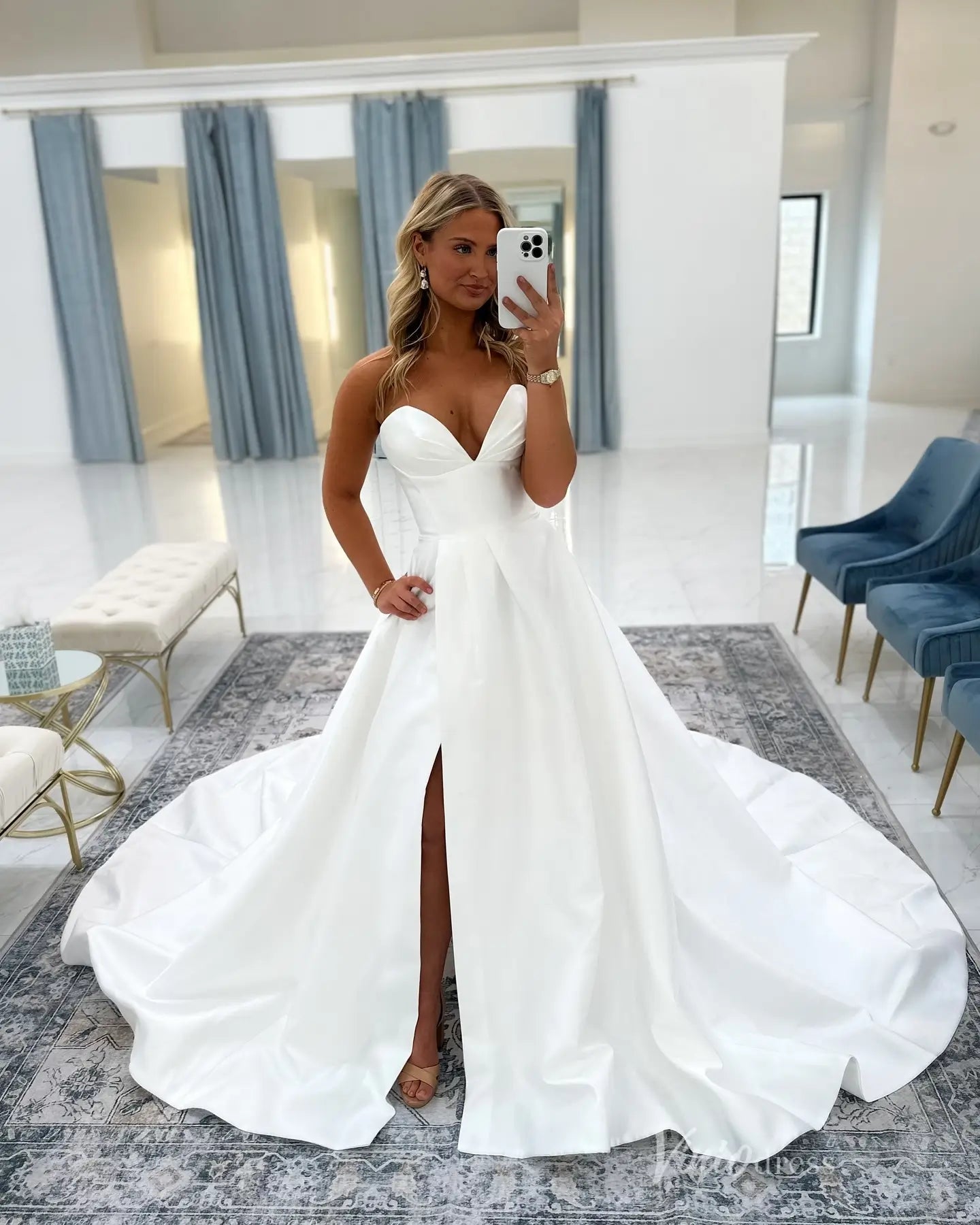Ivory Satin A-Line Wedding Dress with Plunging Sweetheart Neckline & High Slit – MS145