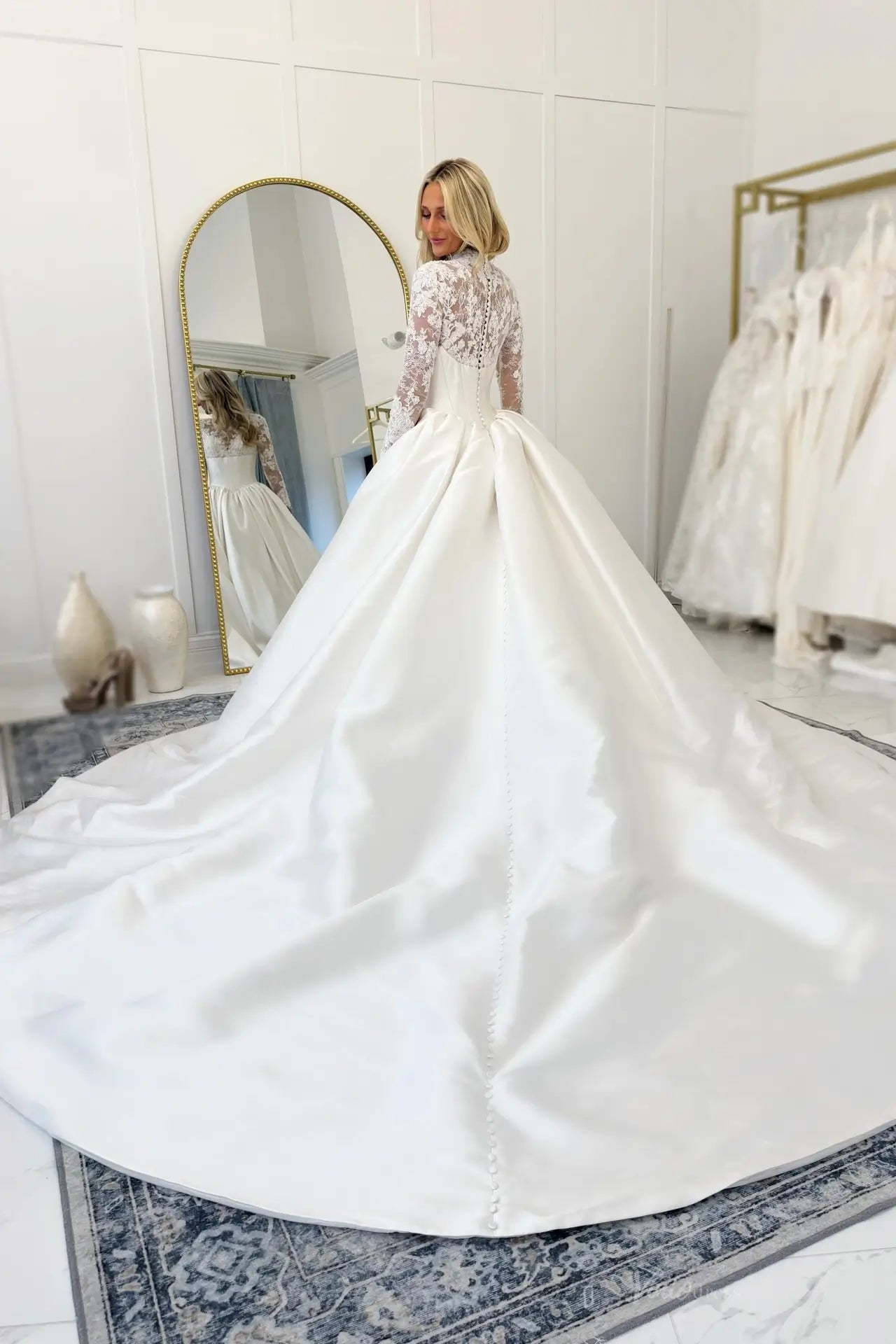 Ivory Ball Gown Wedding Dress with Lace Sleeves, Cathedral Train-MS157 Viniodress Ivory Ball Gown Wedding Dress with Lace Sleeves, Cathedral Train-MS157 Viniodress