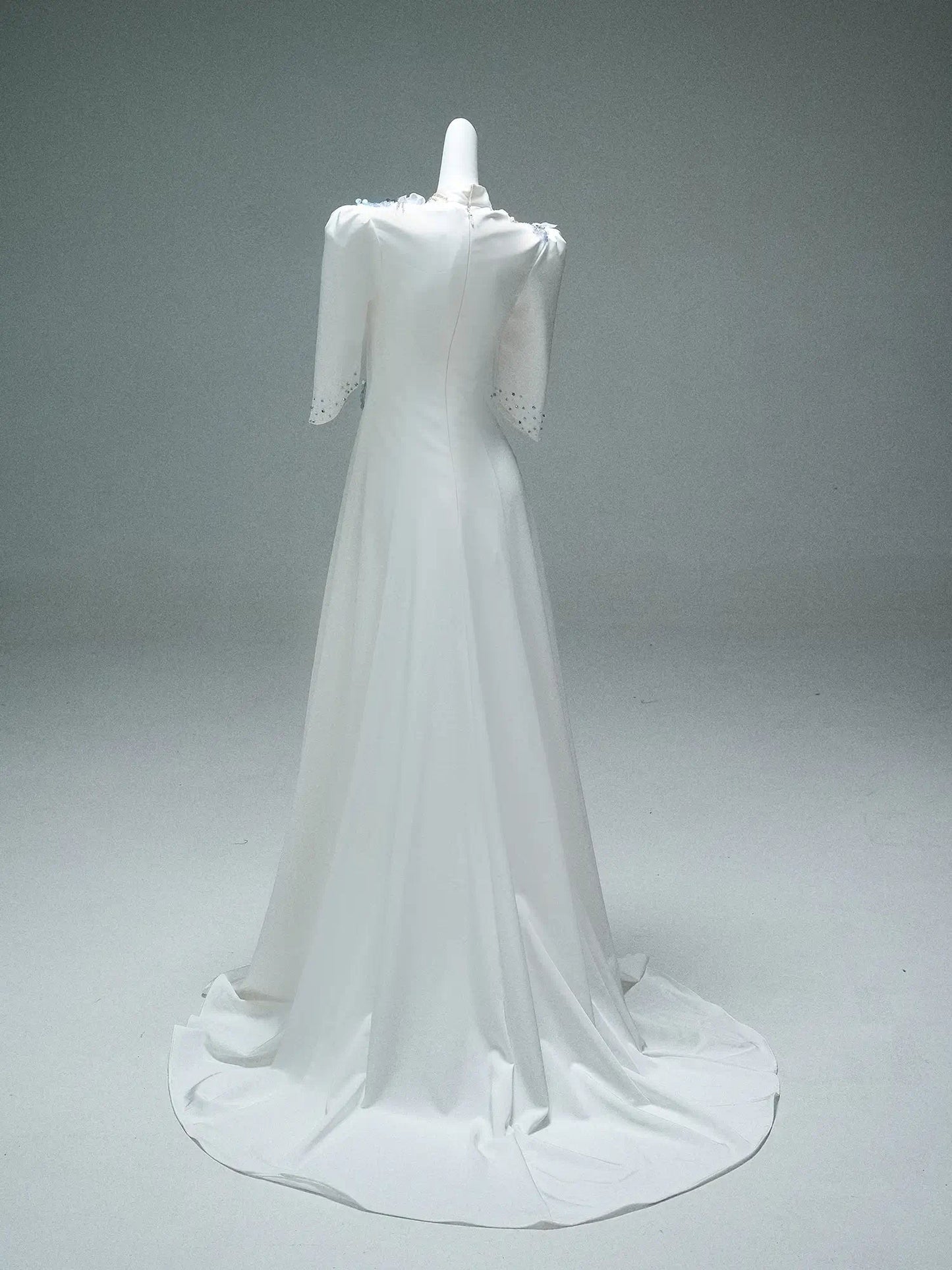 Ivory Satin Formal Dresses with Beaded Lace, Half Sleeve & High Neck - CQ0103-Couture Gown 2025 -Viniodress-Ivory-Custom Size-