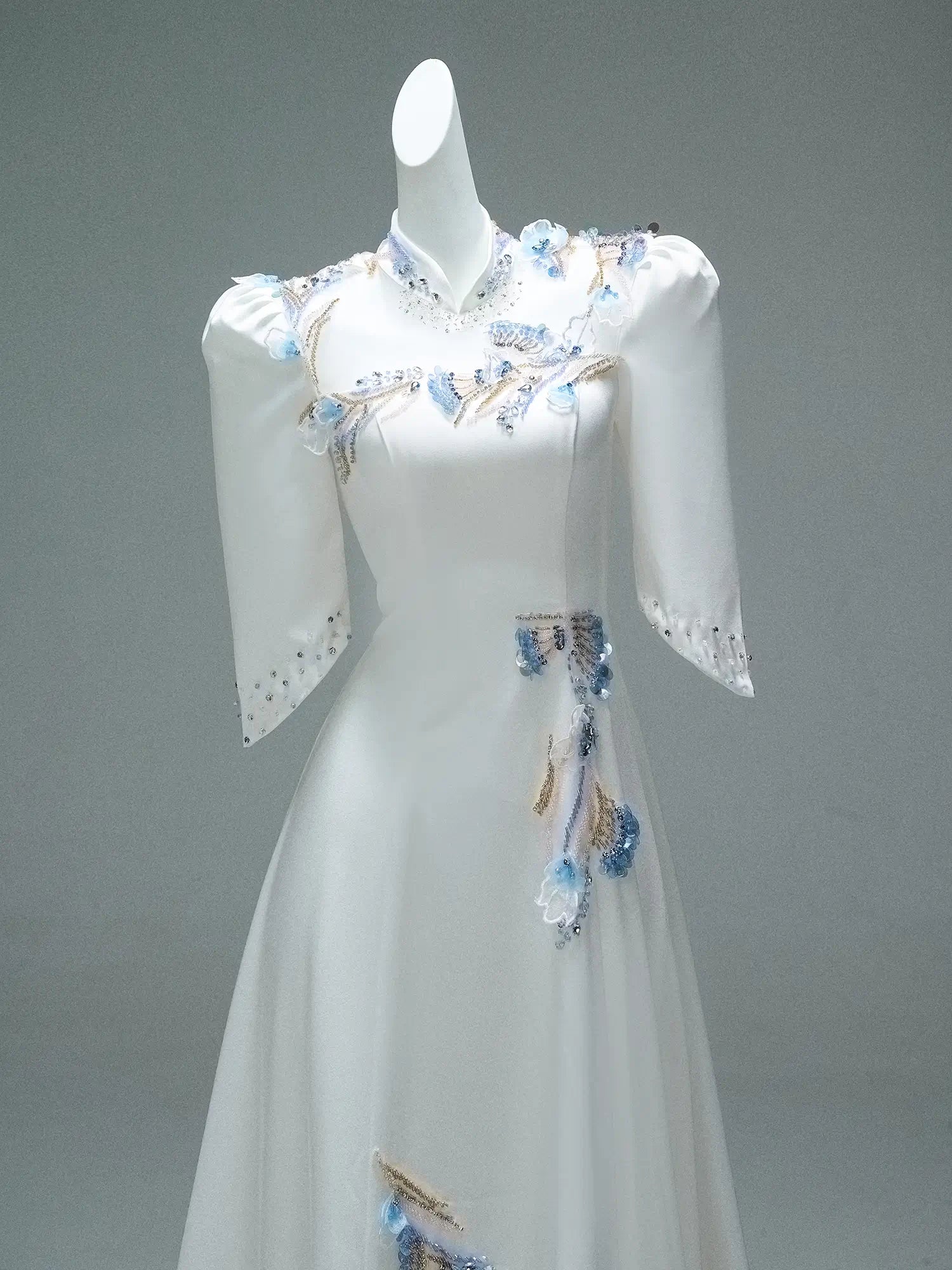 Ivory Satin Formal Dresses with Beaded Lace, Half Sleeve & High Neck - CQ0103-Couture Gown 2025 -Viniodress-Ivory-Custom Size-