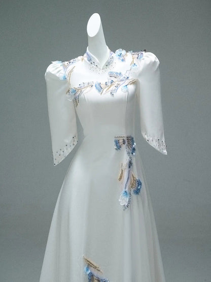 Ivory Satin Formal Dresses with Beaded Lace, Half Sleeve & High Neck - CQ0103-Couture Gown 2025 -Viniodress-Ivory-Custom Size-