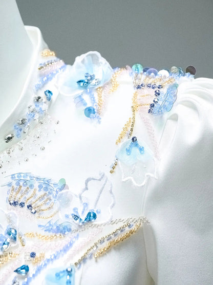 Ivory Satin Formal Dresses with Beaded Lace, Half Sleeve & High Neck - CQ0103-Couture Gown 2025 -Viniodress-Ivory-Custom Size-