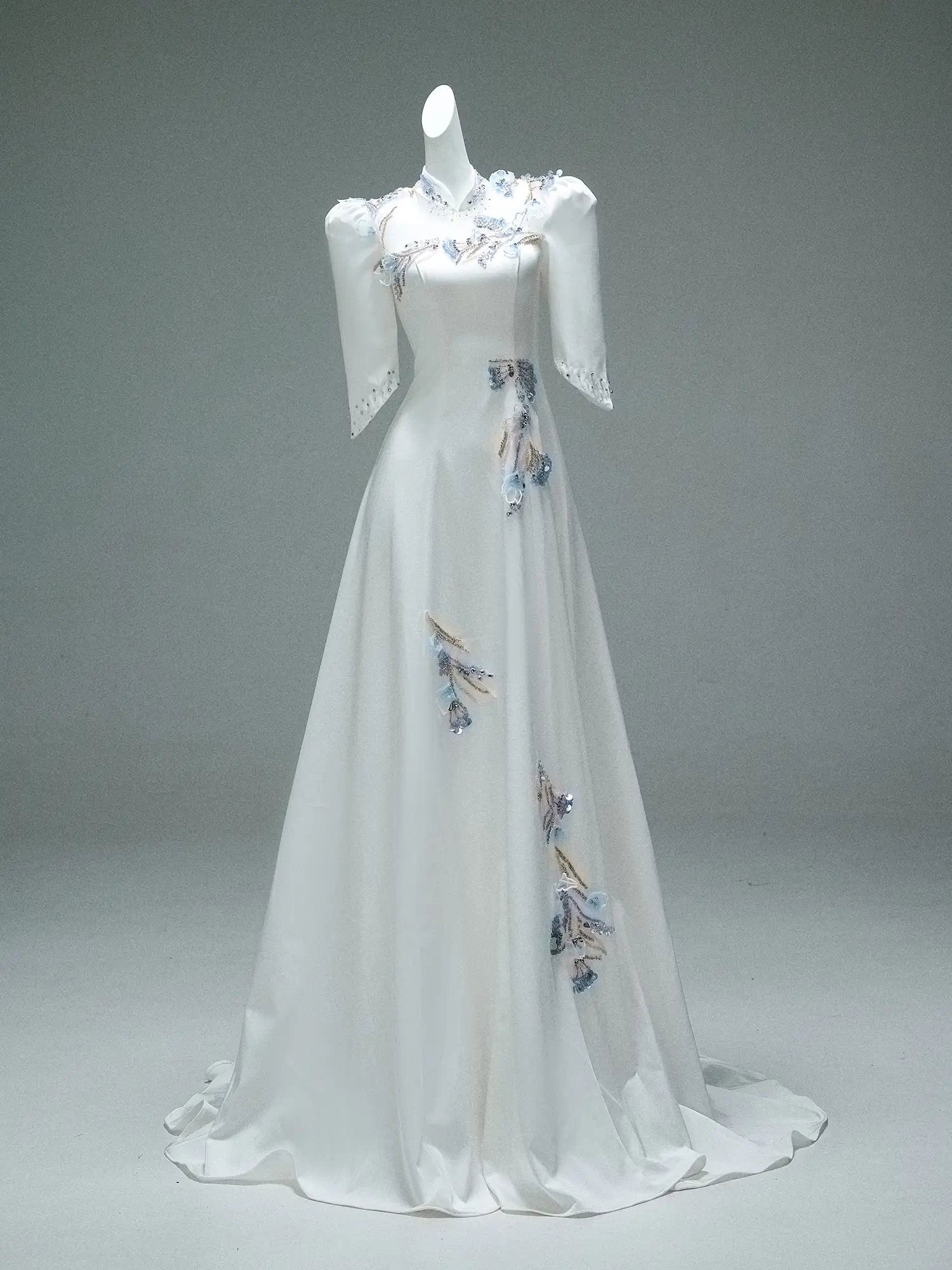 Ivory Satin Formal Dresses with Beaded Lace, Half Sleeve & High Neck - CQ0103-Couture Gown 2025 -Viniodress-Ivory-Custom Size-