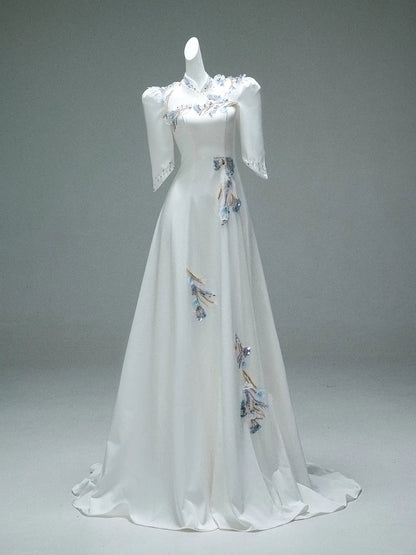 Ivory Satin Formal Dresses with Beaded Lace, Half Sleeve & High Neck - CQ0103-Couture Gown 2025 -Viniodress-Ivory-Custom Size-