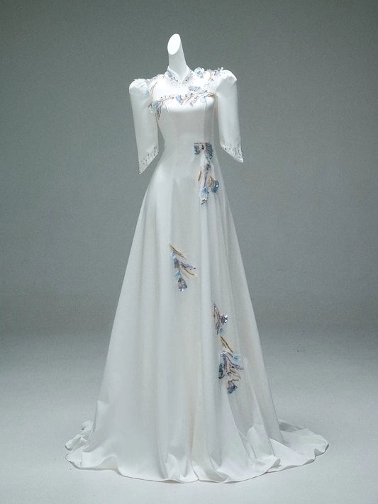 Ivory Satin Formal Dresses with Beaded Lace, Half Sleeve & High Neck - CQ0103-Couture Gown 2025 -Viniodress-Ivory-Custom Size-