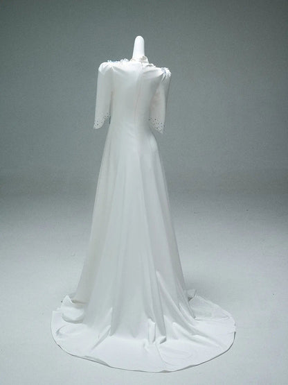 Ivory Satin Formal Dresses with Beaded Lace, Half Sleeve & High Neck - CQ0103-Couture Gown 2025 -Viniodress-Ivory-Custom Size-