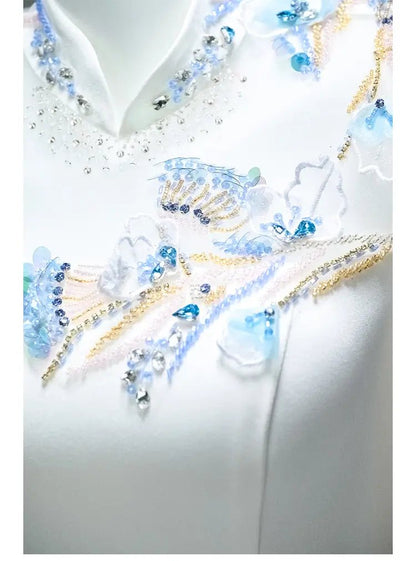 Ivory Satin Formal Dresses with Beaded Lace, Half Sleeve & High Neck - CQ0103-Couture Gown 2025 -Viniodress-Ivory-Custom Size-