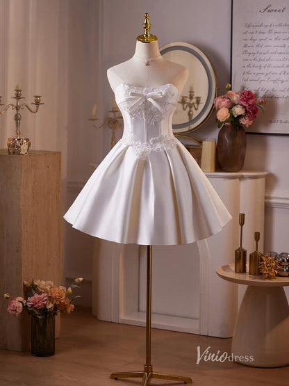 Ivory Satin Homecoming Dress with Lace Appliqué Bodice, Bow Bust & Pleated Mini Skirt – BJ095-prom dresses 2025 -Viniodress-Ivory-Custom Size-