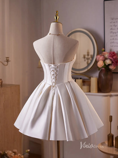 Ivory Satin Homecoming Dress with Lace Appliqué Bodice, Bow Bust & Pleated Mini Skirt – BJ095-prom dresses 2025 -Viniodress-Ivory-Custom Size-