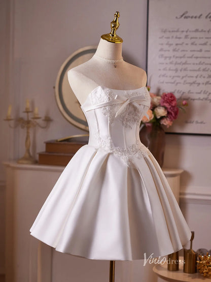 Ivory Satin Homecoming Dress with Lace Appliqué Bodice, Bow Bust & Pleated Mini Skirt – BJ095-prom dresses 2025 -Viniodress-Ivory-Custom Size-