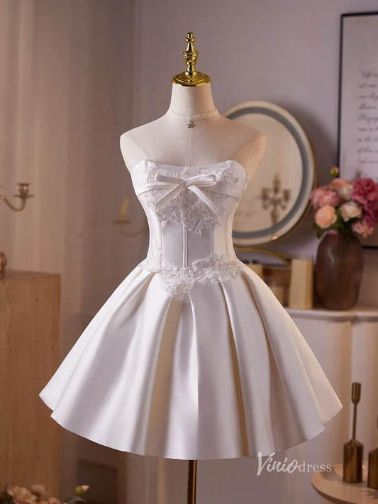 Ivory Satin Homecoming Dress with Lace Appliqué Bodice, Bow Bust & Pleated Mini Skirt – BJ095-prom dresses 2025 -Viniodress-Ivory-Custom Size-