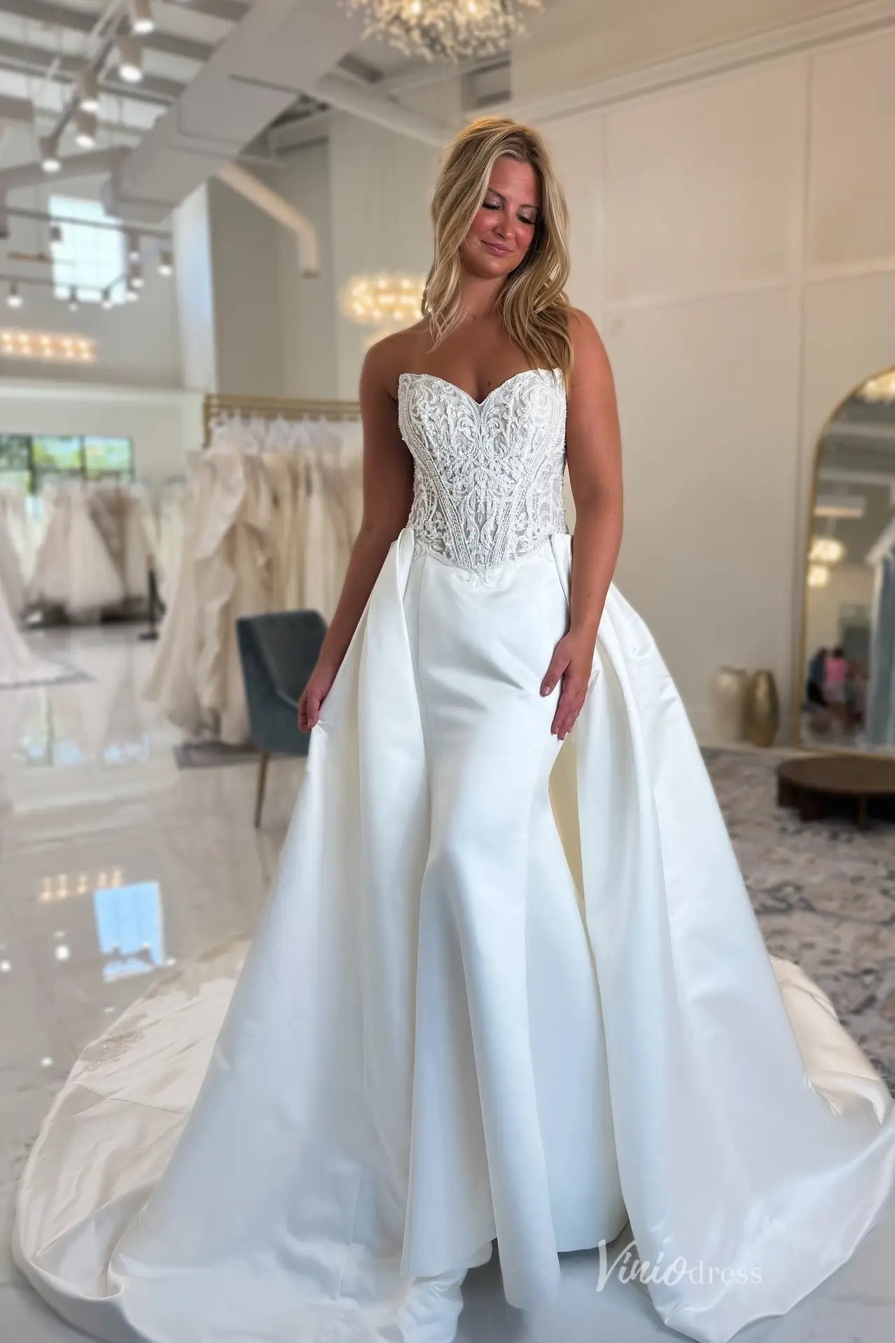 Ivory Satin Mermaid Wedding Dress with Lace Corset Bodice & Detachable Overskirt – MS151