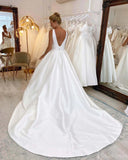 Ivory Satin Outdoor Wedding Dresses with Slit Overskirt V-Neck Country Bridal Gown AW1009-wedding dresses-Viniodress