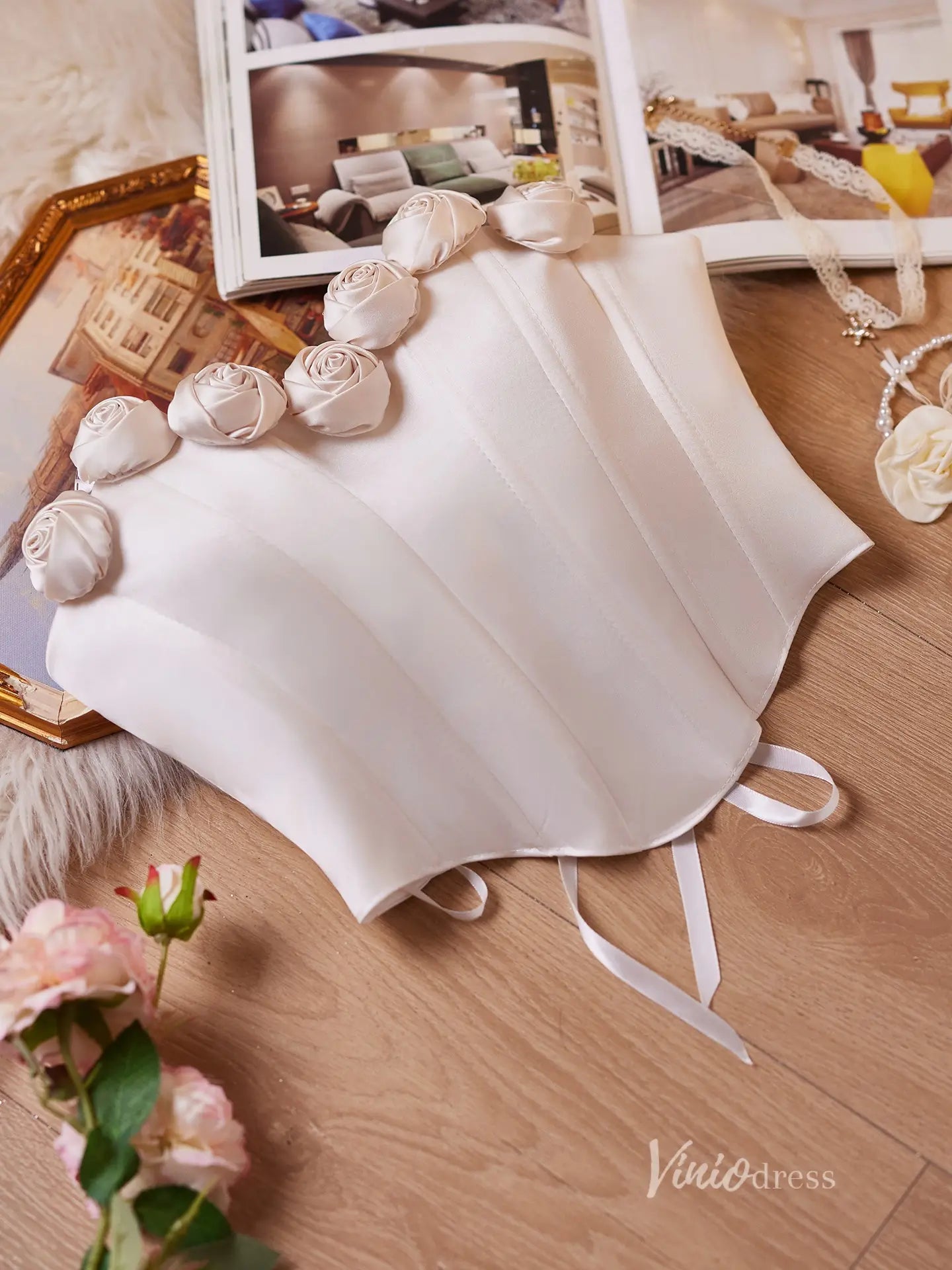 Ivory Satin Rose Bustier Top Corsets with Structured Boning & Lace-Up Back – BJ098-prom dresses 2025 -Viniodress-Ivory-Custom Size-