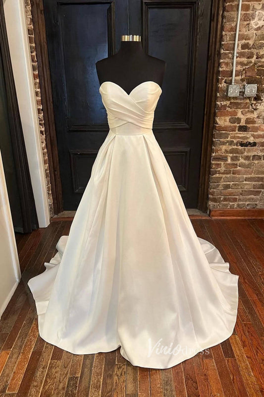 Ivory Satin Strapless Wedding Dresses Sweetheart Neck A-Line Bridal Dress VW2154-wedding dresses 2025 -Viniodress-Ivory-Custom Size-