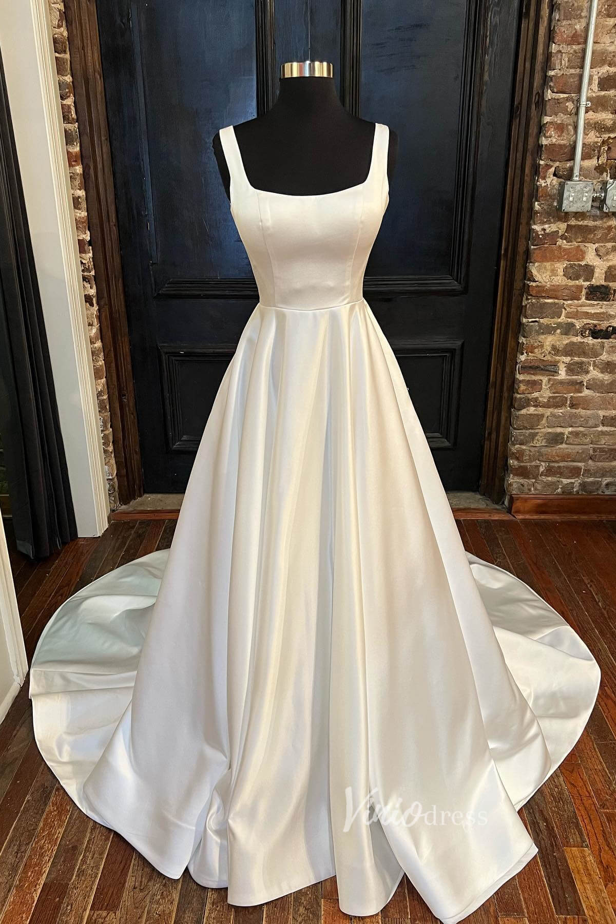 Ivory Satin Wedding Dresses Square Neck A-Line Bridal Dress VW2153-wedding dresses-Viniodress-Ivory-Custom Size-Viniodress