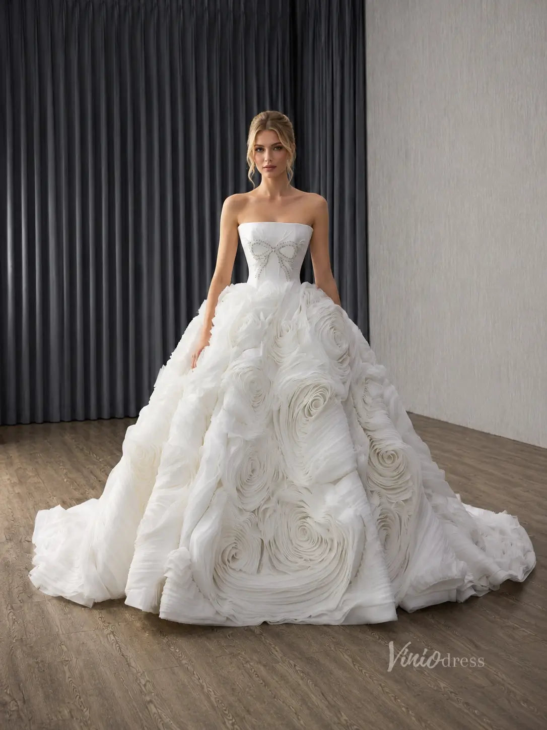 Ivory Sculptural Rosette Wedding Gown with Crystal Bow Bodice & Dramatic Ruffle Skirt – 251142-wedding dresses 2026-Viniodress-Ivory-Custom Size – Add Measurements in Cart-