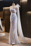 Ivory Sequin Mermaid One Shoulder Prom Dresses with Watteau Train 90056-prom dresses-Viniodress-Viniodress